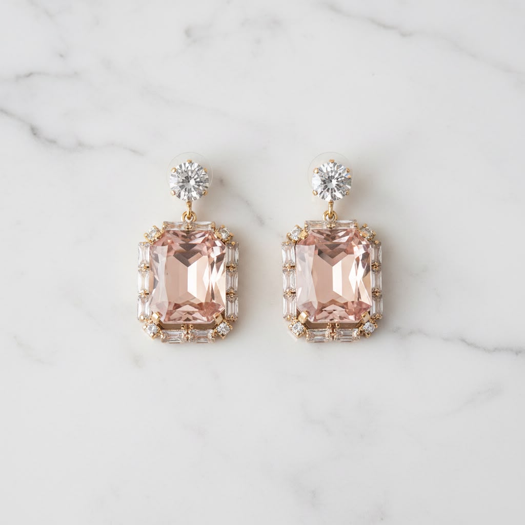 Square shape pink gemstone earring