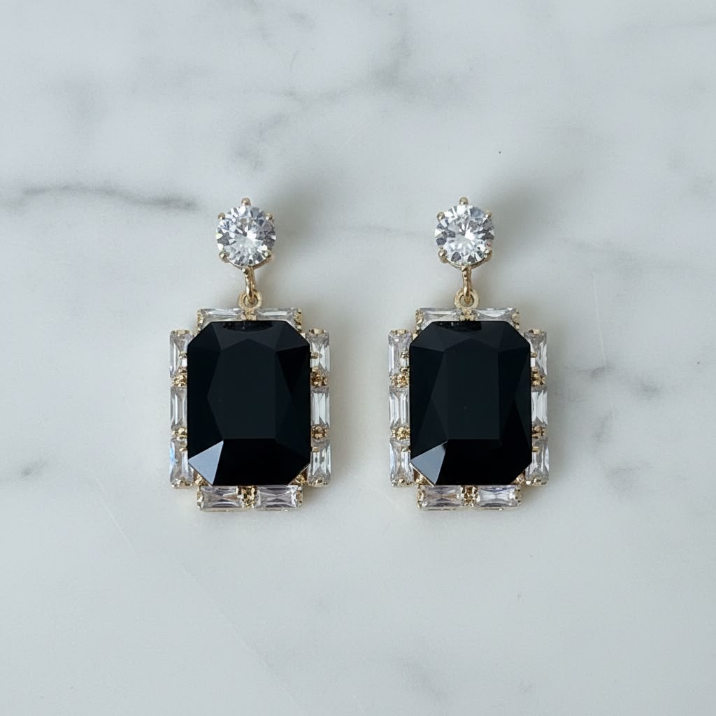 Square shape black gemstone earring