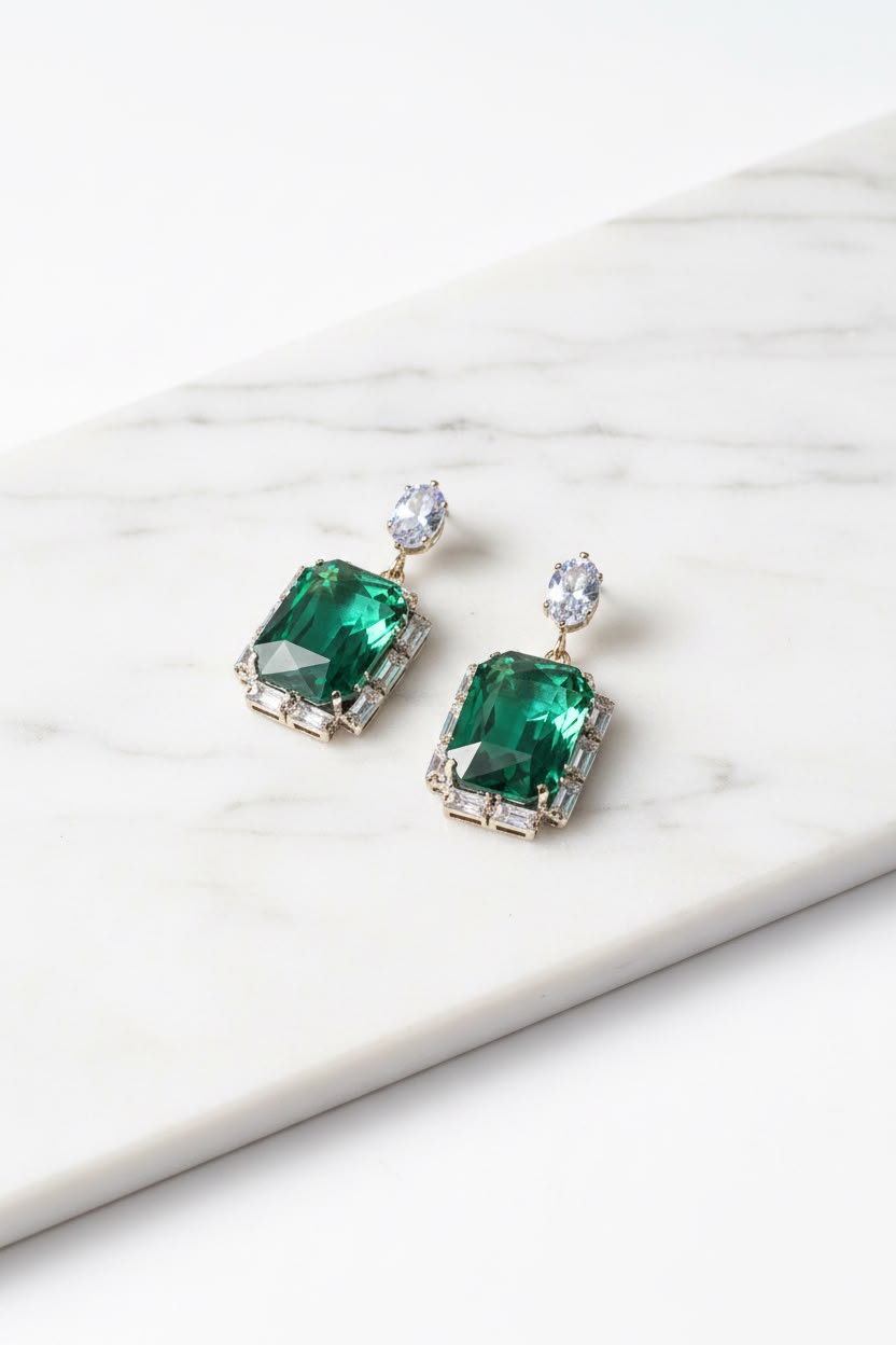 Square shape green gemstone earring