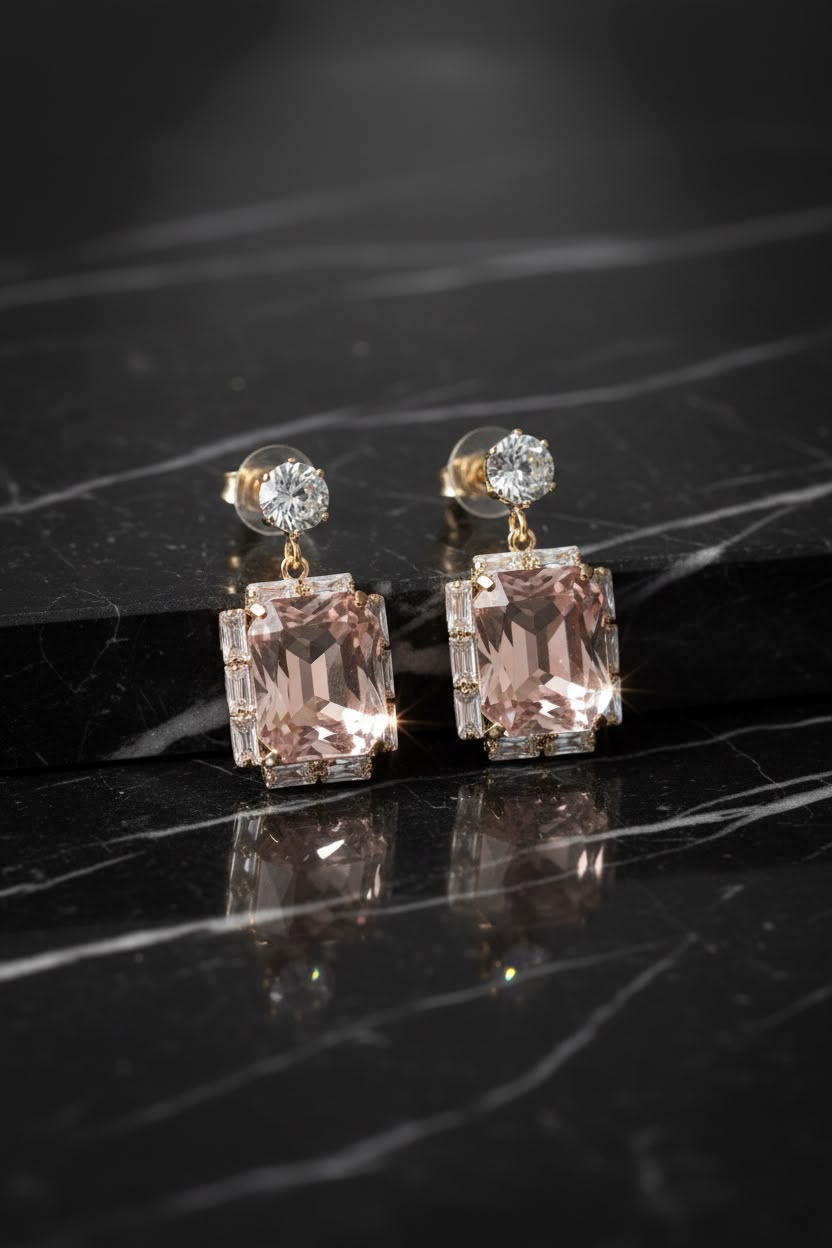 Square shape pink gemstone earring